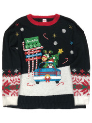 Womens Black Sparkle Elf & Santa Claus Christmas Holiday Sweater Small