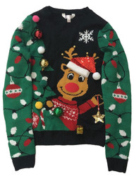 Womens (Jrs) Black Pom Reindeer Christmas Ornament Holiday Sweater