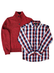 Izod Boys Red, White & Blue Plaid Button Down Shirt  & Sweater Set