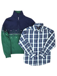 Izod Boys Blue & Green Sweater & Plaid Button Down Shirt Sweater Set