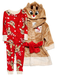 Infant & Toddler Boys Red Plush Rudolph Bath Robe & Pajamas Sleep Set