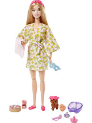 Barbie Self-Care Posable Blonde Spa Doll in Bathrobe with Puppy & Accessories