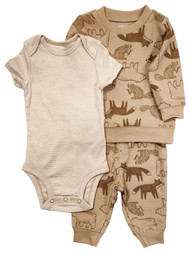 Carters Infant Boys 3pc Brown Fox & Bear Bodysuit, Sweatshirt & Pants Set 0-3m