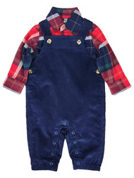 Carters Infant Boys 2pc Baby Outfit Blue Overalls & Red Plaid Button Up Set