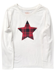 Cat & Jack Girls White Long Sleeve Plaid Christmas Star T-Shirt Tee Shirt