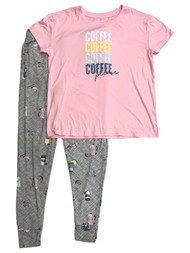 Womens Pink & Gray Coffee Please Pajamas Joggers & T-Shirt Sleep Set
