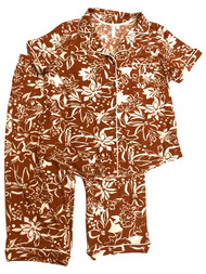 Womens Burnt Orange Floral Print Pajamas Capri Pants & Top Sleep Set