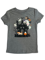 Girls Gray Short Sleeve Haunted House Witches Ghosts Halloween T-Shirt Tee