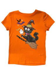 Girls Orange Cat Witch Google Eyes Halloween T-Shirt Short Sleeve