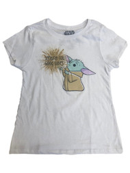 Star Wars Girls White Glitter Baby Yoda Good Vibes T-Shirt Tee Shirt
