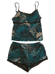 Womens Teal & Black Leaf Print Pajamas Sleep Set Tank Top & Shorts