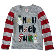 Girls Snow Much Fun Gray Red Stripes Sequin Snowman Christmas Sweater