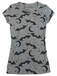 Womens (Jr's) Gray Bat & Moon Print Halloween Tee Shirt T-Shirt