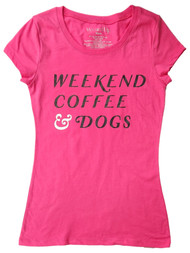 Womens Juniors Pink Weekend Coffee & Dogs Short Sleeve Tee T-Shirt