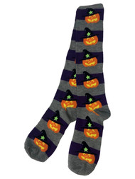 Womens Gray & Purple Striped Pumpkin Witch Knee High Halloween Socks