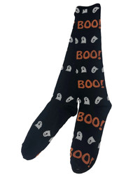 Womens Black & Orange Boo Ghost Print Knee High Halloween Socks