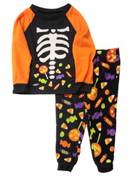 Toddler Boy & Girl Black & Orange Skeleton Candy Halloween Pajamas Set