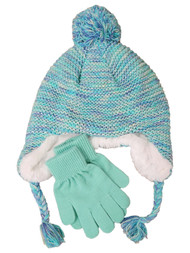 Girls Mint Green Purple & Silver Pom Trapper Beanie & Gloves Hat Set