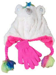 Girls Fluffy White Unicorn Trapper Beanie & Gloves Hat Set Fleece & Plush Lining