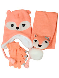 Girls 3 Piece Peach Fox Scarf Beanie & Gloves Trapper Hat Set