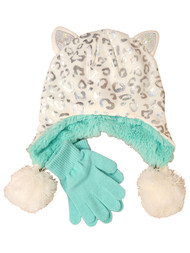 Girls White & Green Leopard Print Kitty Cat Trapper Beanie & Gloves Hat Set