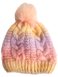 Girls Peach Yellow Pink Knit Soft Fluffy Pom Beanie Fleece Lined Stocking Cap Hat