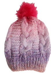 Girls Variegated Pink Purple Pom Beanie Fleece Line Knit Stocking Cap Hat