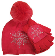 Womens Knit Red Pom Sequined Snowflake Beanie Fingerless Flip Glove Mitten Set