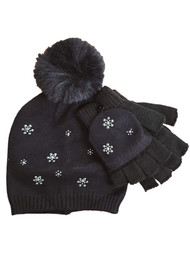 Womens Black Knit Gemstone Fluffy Beanie Hat & Fingerless Gloves/Mittens Set
