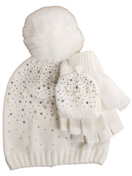 Womens White Knit Fluffy Pom Beanie & Fingerless Gloves Mitten Set Pearl & Gems