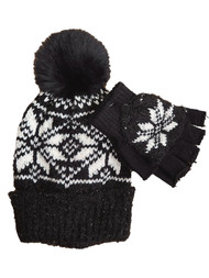 Womens Black Sparkly Knit White Snowflake Beanie Fingerless Gloves/Mitten Set