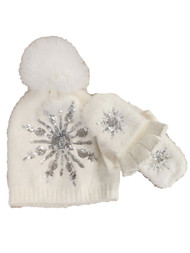 Womens Plush White Pom Beanie Fingerless Mitten Gloves Sequin Snowflake Hat Set