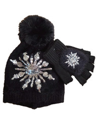 Womens Soft Knit Snowflake Sequined Beanie Flip Fingerless Gloves/Mitten Set