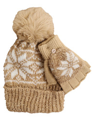 Womens Tan White Snowflake Sparkly Gold Beanie Fingerless Gloves Mitten Hat Set
