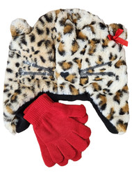 Girls Brown & Black Leopard Print Kitty Cat Gloves & Beanie Hat Set