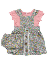 Infant Girls Pink & Green Floral Button Pinafore Skirt & Shirt Outfit Set
