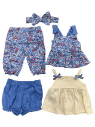 Infant Girls Blue Floral Tank Tops Shorts Pants & Headband Outfit 5pc Set