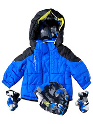 Infant Boys Blue Snow Ski Jacket Hooded Coat With Hat & Mittens 12 Months