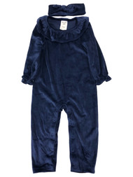 Infant Girls Blue Velvet Baby Outfit One Piece Coverall & Headband Set