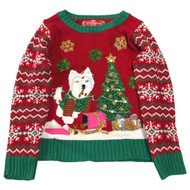 Girls Plush Red & Green Sequinned Dog Christmas Holiday Sweater