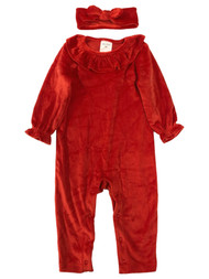 Infant Girls Red Velvet Baby Outfit One Piece Coverall & Headband Set