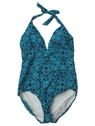Womens Teal & Blue Floral Paisley 1pc Halter Swimming Swim Suit Size 14
