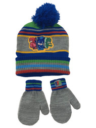 Toddler Boys Gray Striped PJ Masks Beanie Hat & Mittens Set 2T-5T