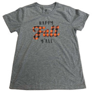 Womens Gray & Orange Plaid Happy Fall Y'all Autumn Tee Shirt T-Shirt