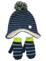 Cuddl Duds Toddler Boys Blue Striped Sherpa Trapper Hat & Mittens Set 2T-4T