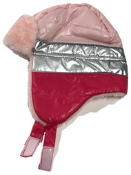 Toddler Girls Shiny Pink & Silver Stripe Winter Trapper Hat