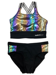 Justice Girls 2pc Swim Suit Shimmery Black Rainbow Tankini Bikini