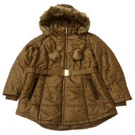 Womens Plus Size Plush Trimmed Quilted Brown Belted Winter Coat