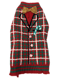 Christmas Holiday Dog Sweater Red & Green Plaid with Gold Sequin Bow Tie