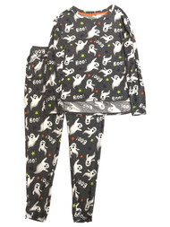 Womens Gray Ghost Halloween Pajamas Long Sleeve Top & Pants Sleep Set